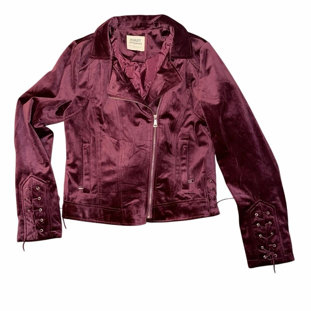 Ashley outerwear burgundy wine maroon velvet moto jacket large lace up sleeves
